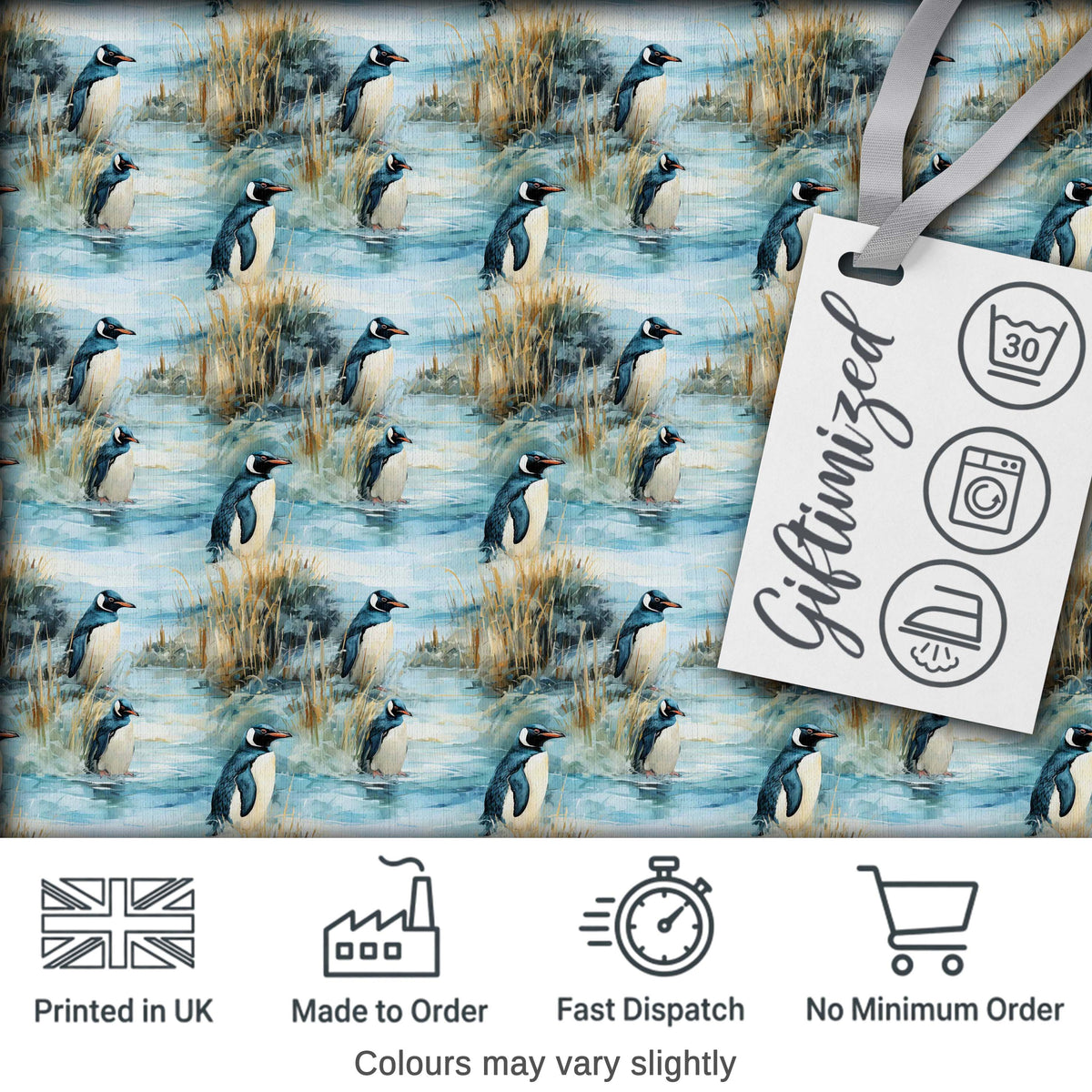 Penguin Birds by Water Grassland Seamless Pattern Artistic Nature Fabric Digital Print Fabric by the Metre UK Sewing Quilting Textile