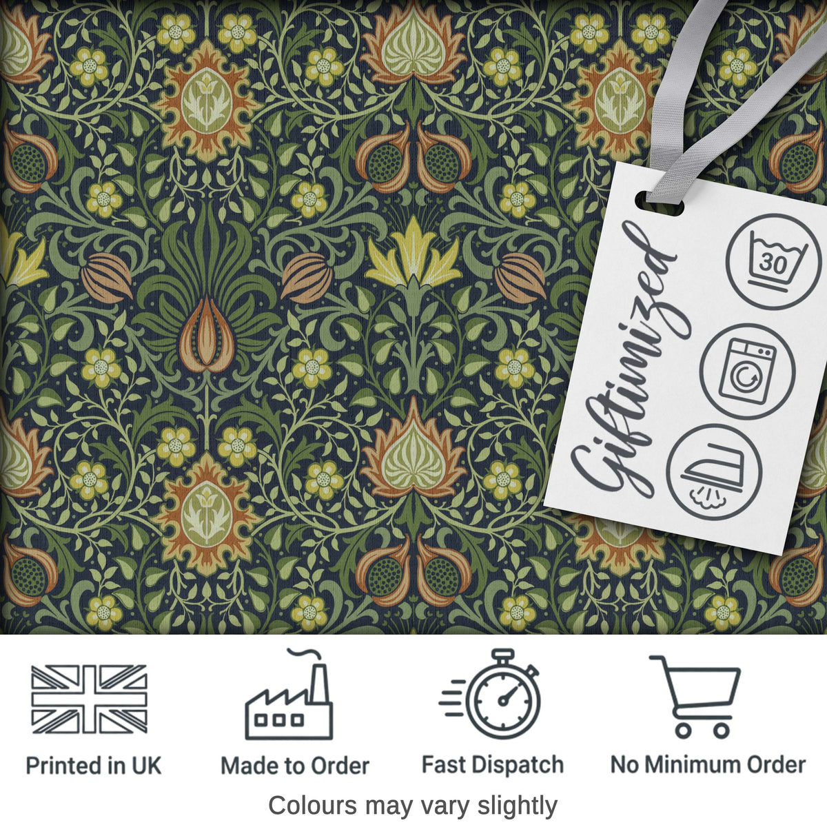 Ornate William Morris Style Floral Pattern Green Botanical Textile Fabric Digital Print Fabric by the Metre UK Sewing Quilting Textile
