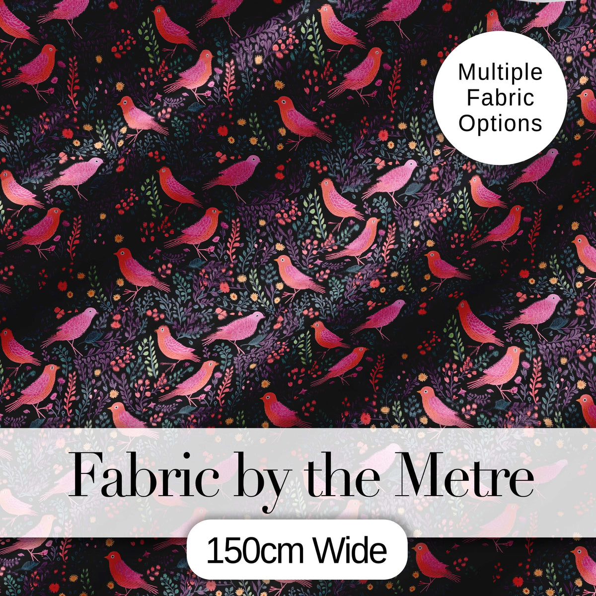 Colorful Birds and Wildflowers Seamless Pattern Dark Meadow Fabric Digital Print Fabric by the Metre UK Sewing Quilting Textile