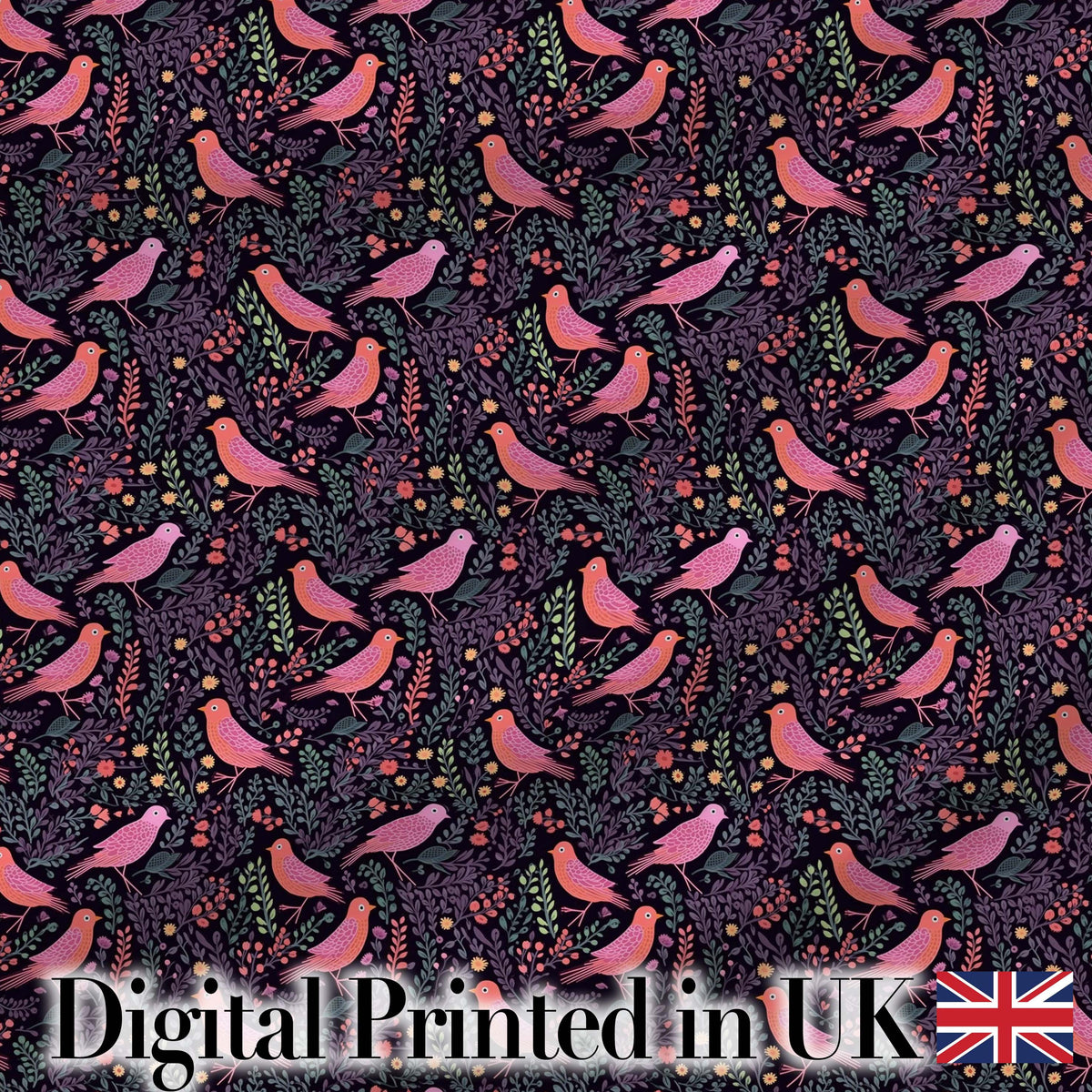 Colorful Birds and Wildflowers Seamless Pattern Dark Meadow Fabric Digital Print Fabric by the Metre UK Sewing Quilting Textile