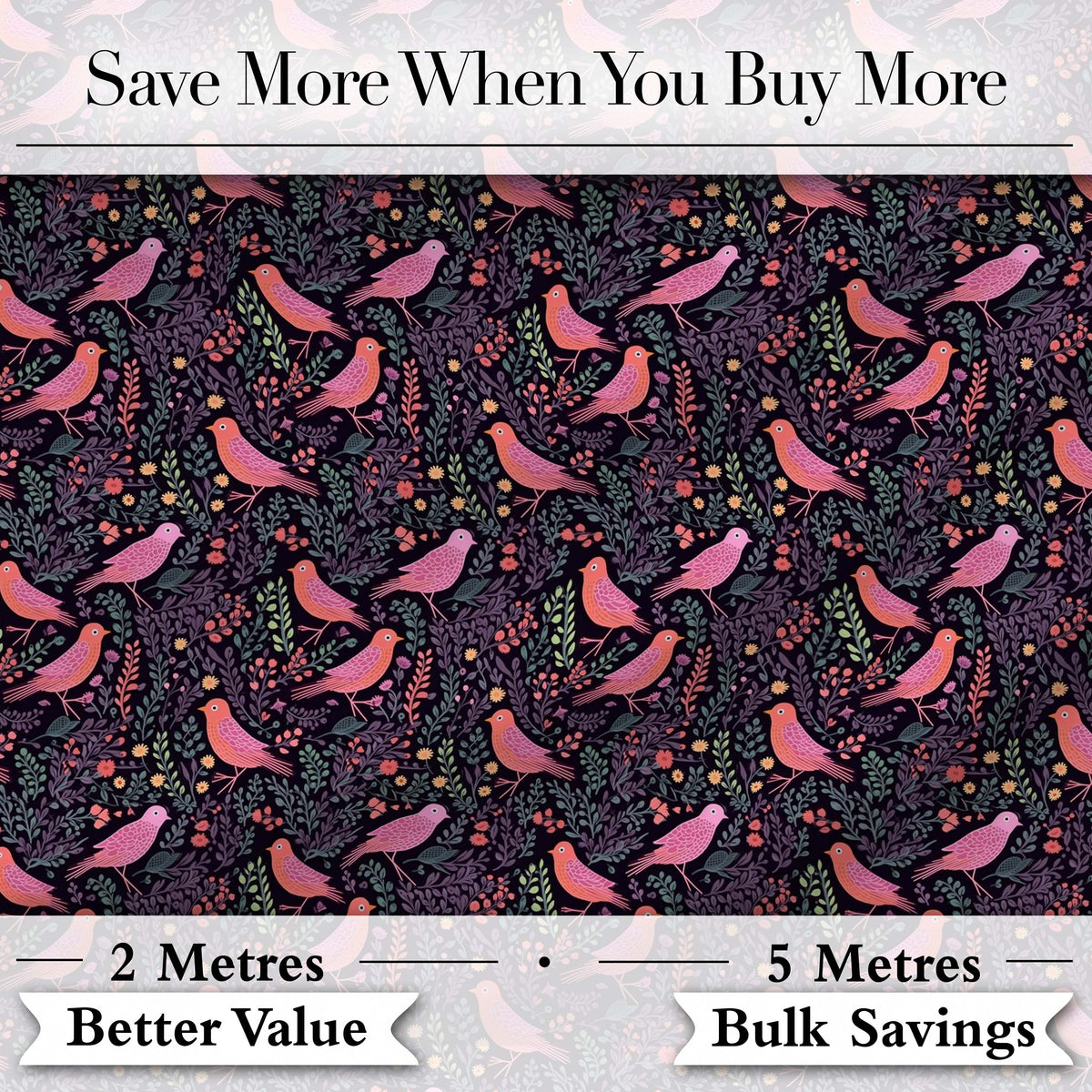 Colorful Birds and Wildflowers Seamless Pattern Dark Meadow Fabric Digital Print Fabric by the Metre UK Sewing Quilting Textile