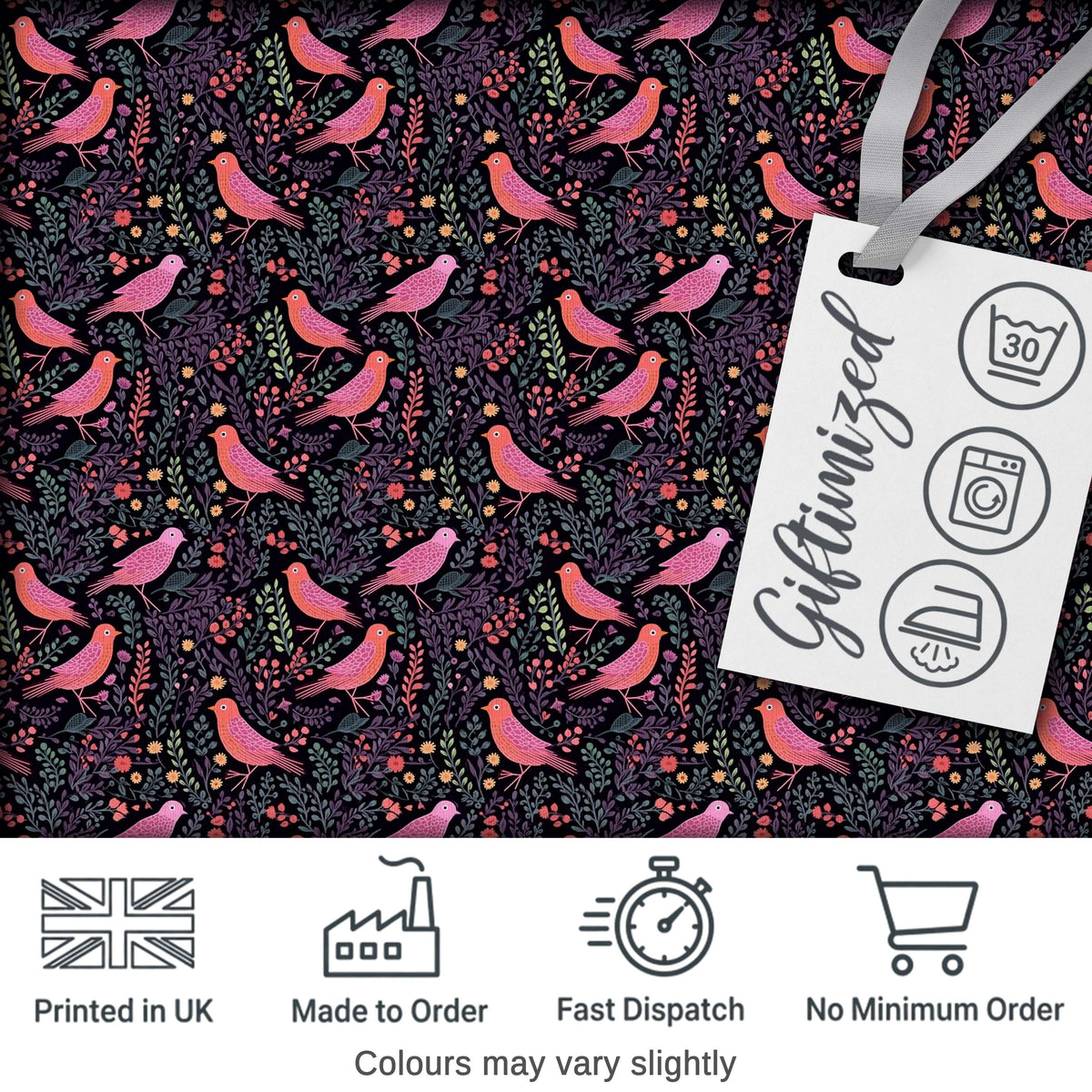 Colorful Birds and Wildflowers Seamless Pattern Dark Meadow Fabric Digital Print Fabric by the Metre UK Sewing Quilting Textile
