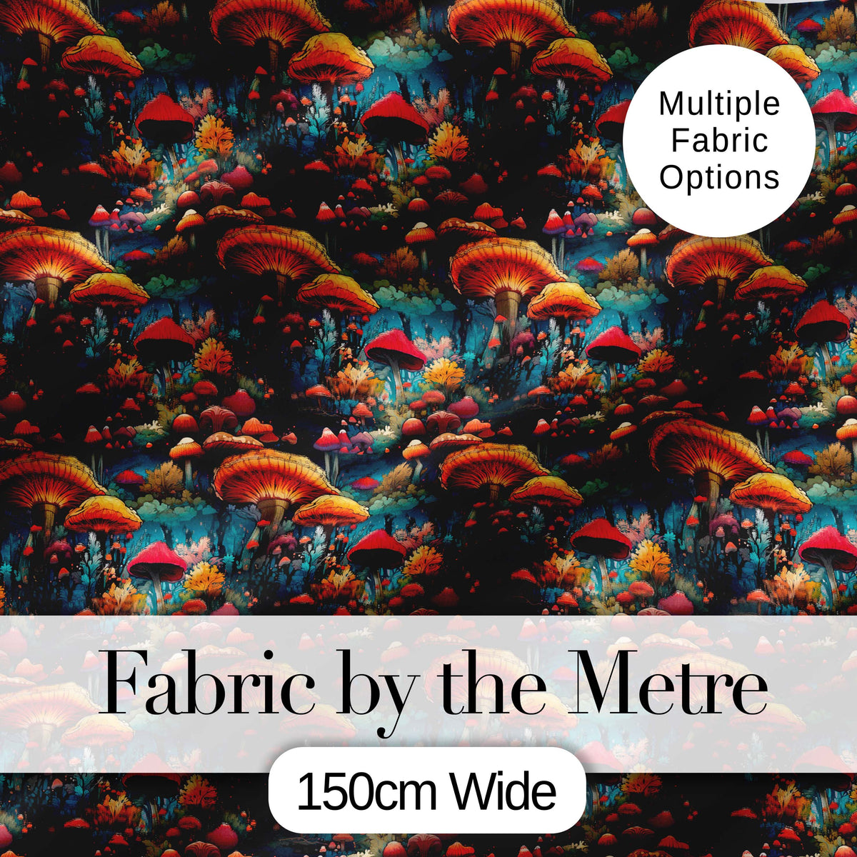 Vibrant Fantasy Mushroom Landscape Seamless Pattern Night Forest Fabric Digital Print Fabric by the Metre UK Sewing Quilting Textile