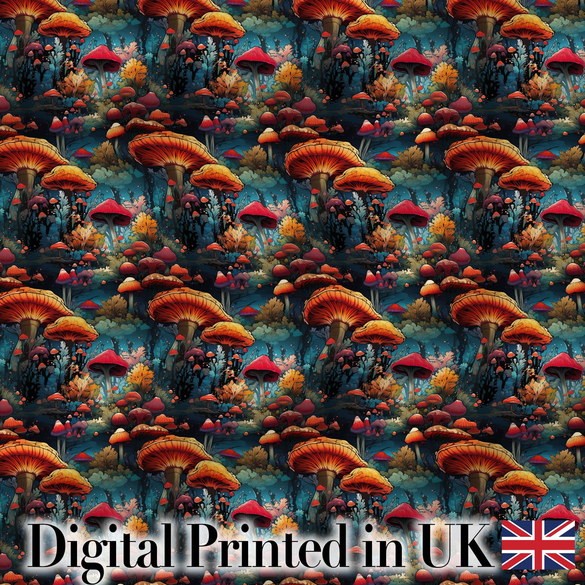 Vibrant Fantasy Mushroom Landscape Seamless Pattern Night Forest Fabric Digital Print Fabric by the Metre UK Sewing Quilting Textile