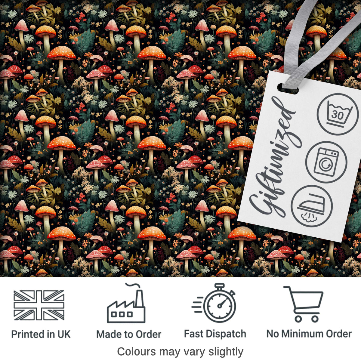 Whimsical Mushroom Garden Seamless Pattern Botanical Woodland Fabric Digital Print Fabric by the Metre UK Sewing Quilting Textile