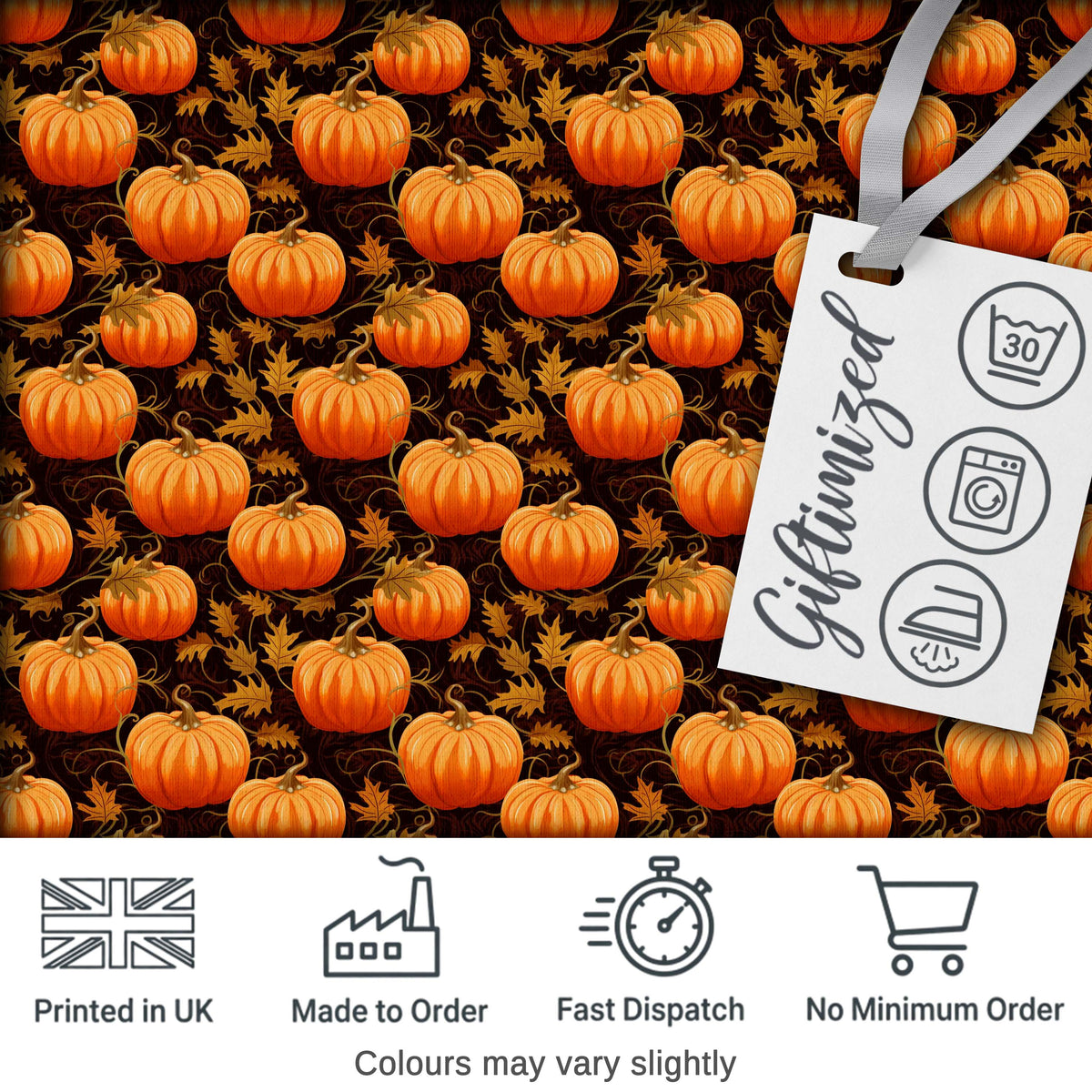 Autumn Pumpkins and Falling Leaves Seamless Pattern Dark Background Fabric Digital Print Fabric by the Metre UK Sewing Quilting Textile