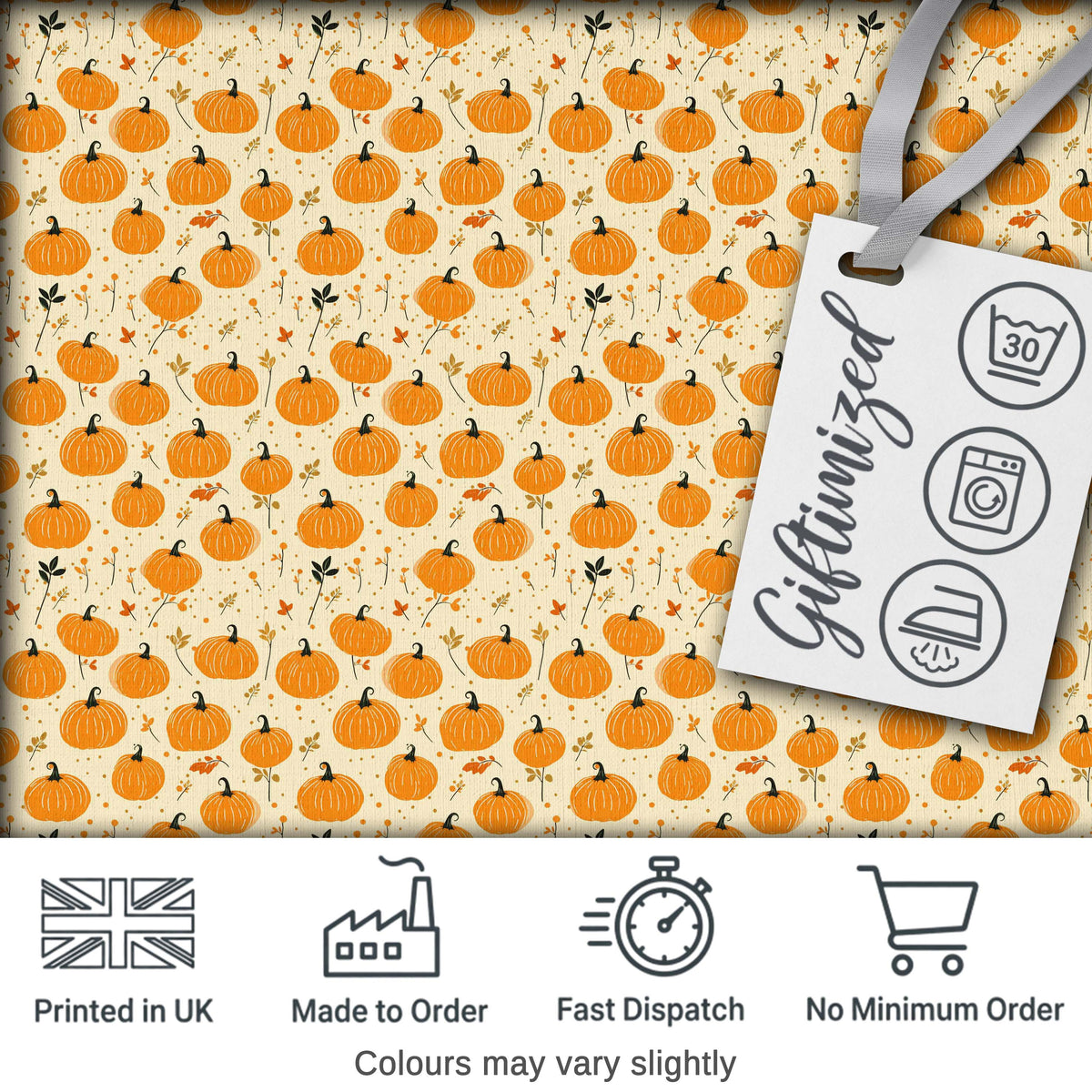 Cute Small Pumpkins and Floral Sprigs Seamless Pattern Light Background Fabric Digital Print Fabric by the Metre UK Sewing Quilting Textile