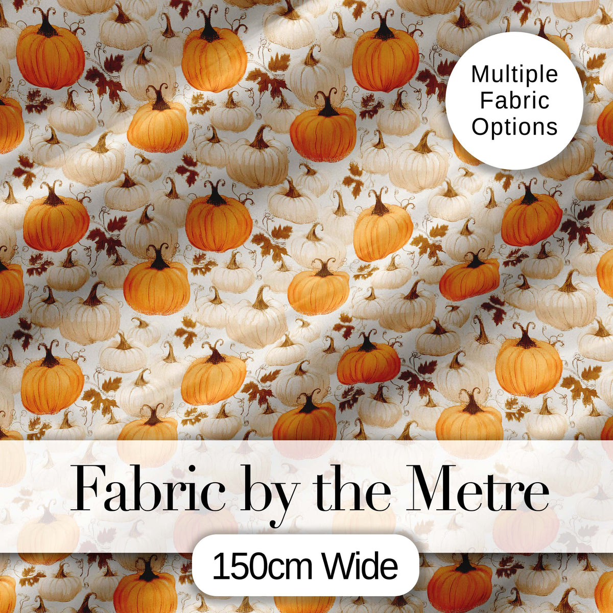 Orange and White Pumpkins with Autumn Leaves Seamless Pattern Neutral Fabric Digital Print Fabric by the Metre UK Sewing Quilting Textile