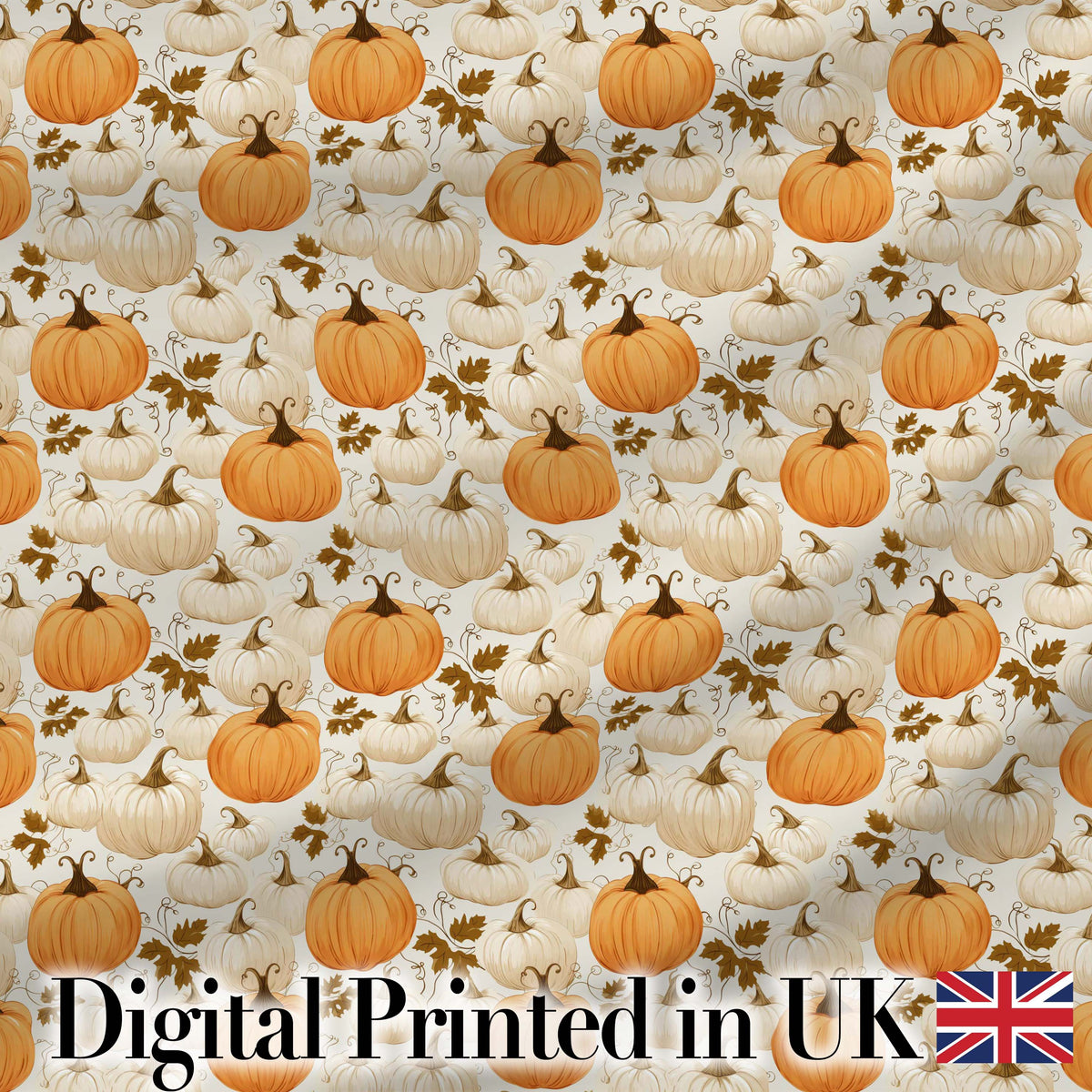Orange and White Pumpkins with Autumn Leaves Seamless Pattern Neutral Fabric Digital Print Fabric by the Metre UK Sewing Quilting Textile