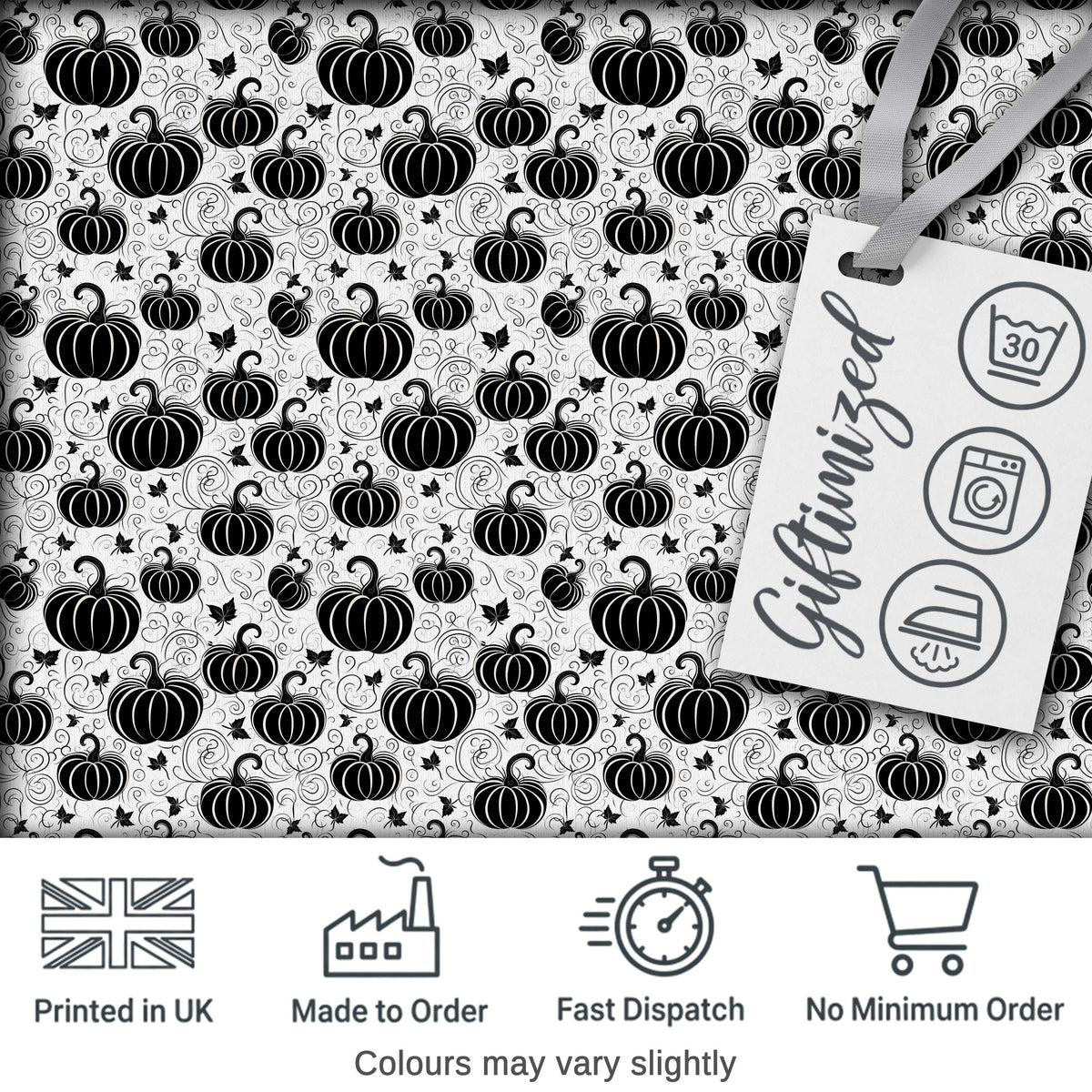 Black and White Pumpkin Illustration Seamless Pattern Halloween Theme Fabric Digital Print Fabric by the Metre UK Sewing Quilting Textile