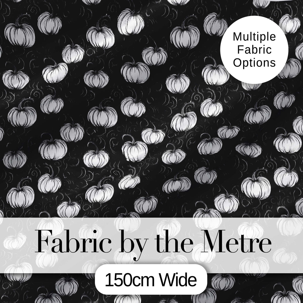 Monochrome White Pumpkins on Black Seamless Pattern Elegant Halloween Fabric Digital Print Fabric by the Metre UK Sewing Quilting Textile