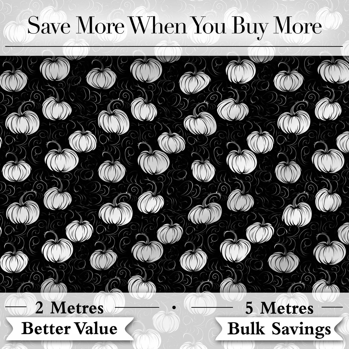 Monochrome White Pumpkins on Black Seamless Pattern Elegant Halloween Fabric Digital Print Fabric by the Metre UK Sewing Quilting Textile
