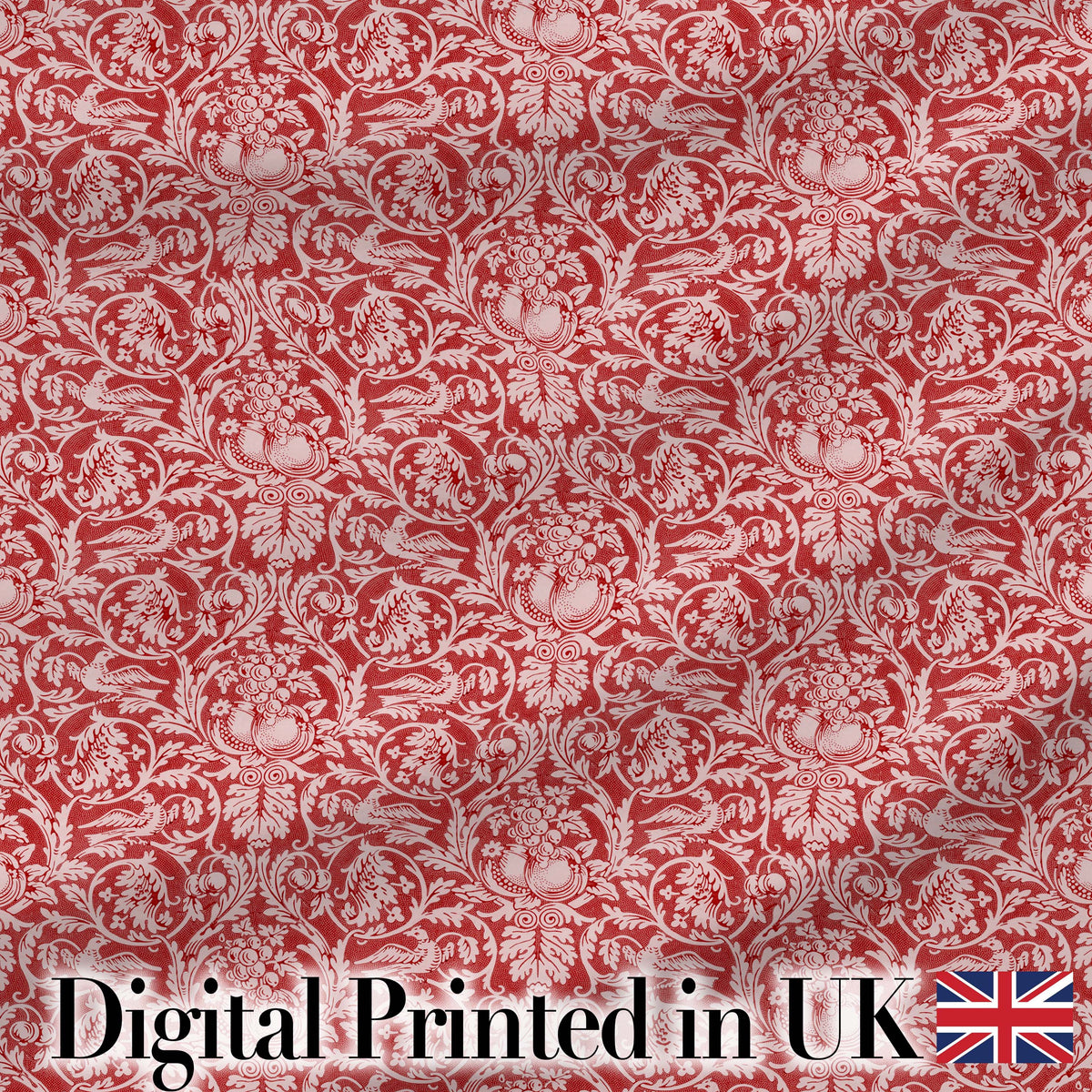 Vintage Red Toile Floral Birds and Fruit Seamless Pattern Classic Textile Digital Print Fabric by the Metre UK Sewing Quilting Textile