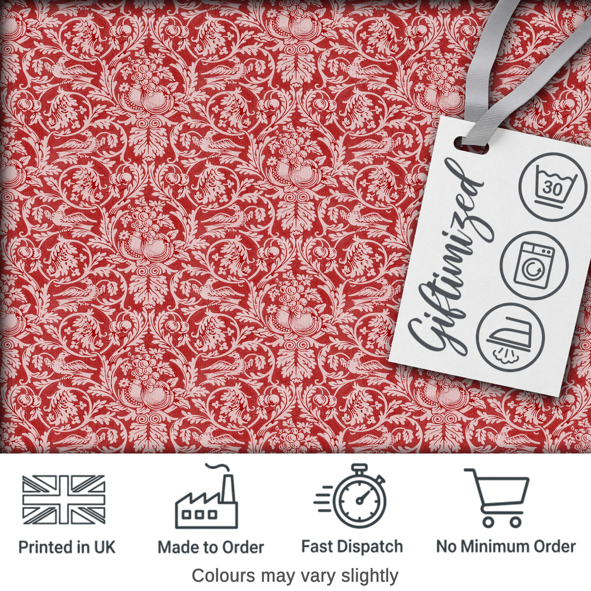 Vintage Red Toile Floral Birds and Fruit Seamless Pattern Classic Textile Digital Print Fabric by the Metre UK Sewing Quilting Textile