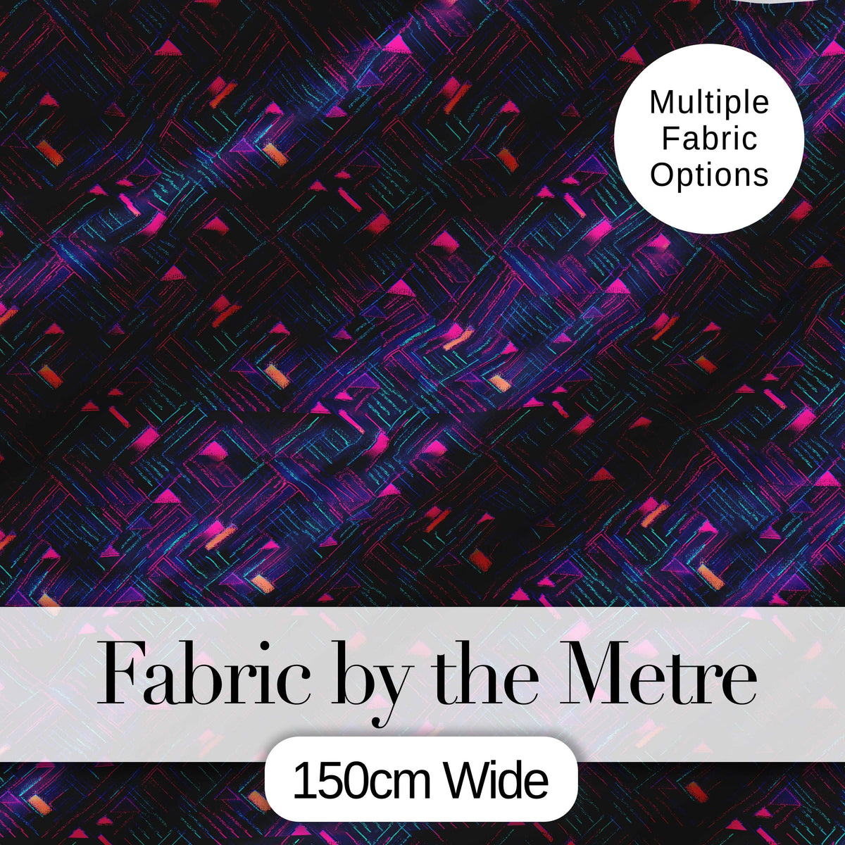 Neon Geometric Lines Abstract Pattern Dark Background Futuristic Style Digital Print Fabric by the Metre UK Sewing Quilting Textile