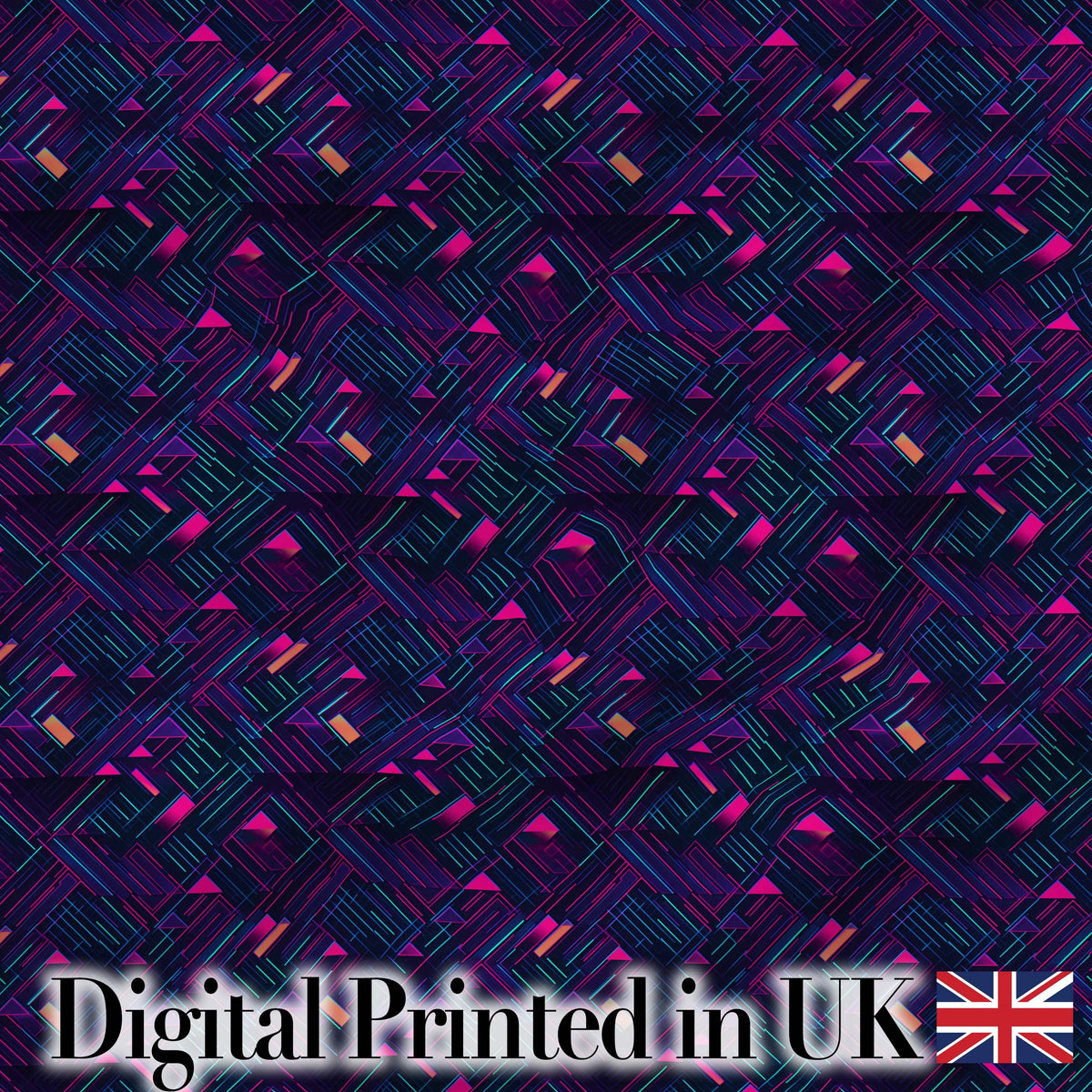 Neon Geometric Lines Abstract Pattern Dark Background Futuristic Style Digital Print Fabric by the Metre UK Sewing Quilting Textile