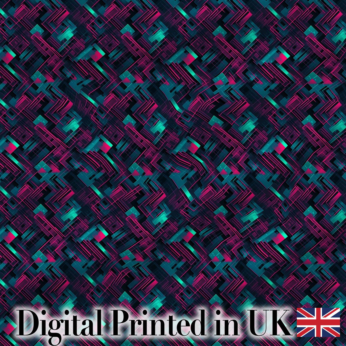 Cyberpunk Circuit Style Geometric Pattern Teal and Magenta Seamless Design Digital Print Fabric by the Metre UK Sewing Quilting Textile