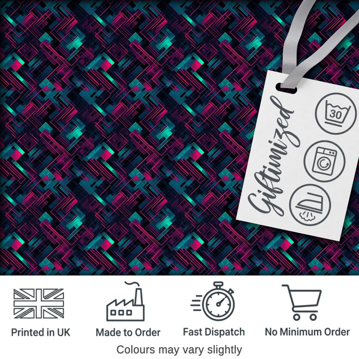 Cyberpunk Circuit Style Geometric Pattern Teal and Magenta Seamless Design Digital Print Fabric by the Metre UK Sewing Quilting Textile