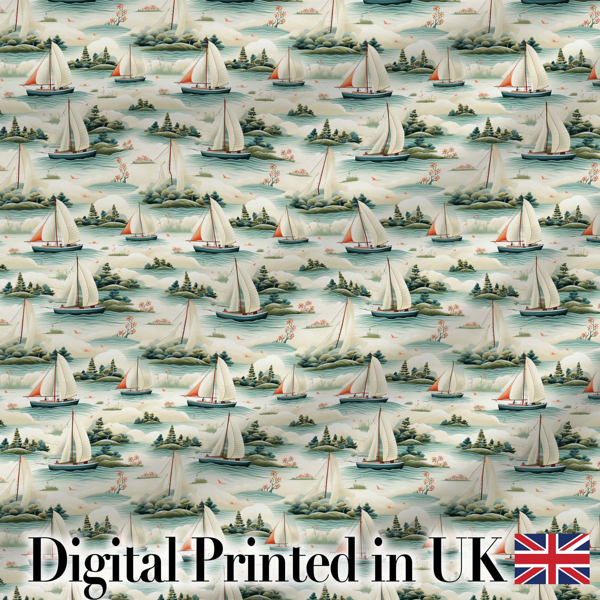 Vintage Sailing Boats Coastal Landscape Seamless Pattern Soft Pastel Sea Digital Print Fabric by the Metre UK Sewing Quilting Textile