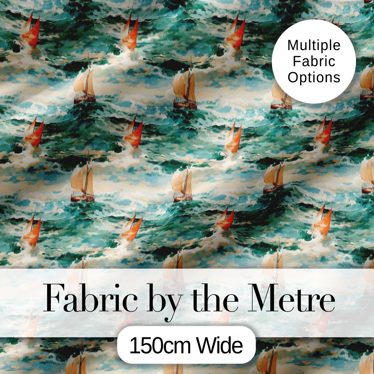 Classic Sailing Boats Rough Sea Seamless Pattern Artistic Ocean Waves Digital Print Fabric by the Metre UK Sewing Quilting Textile