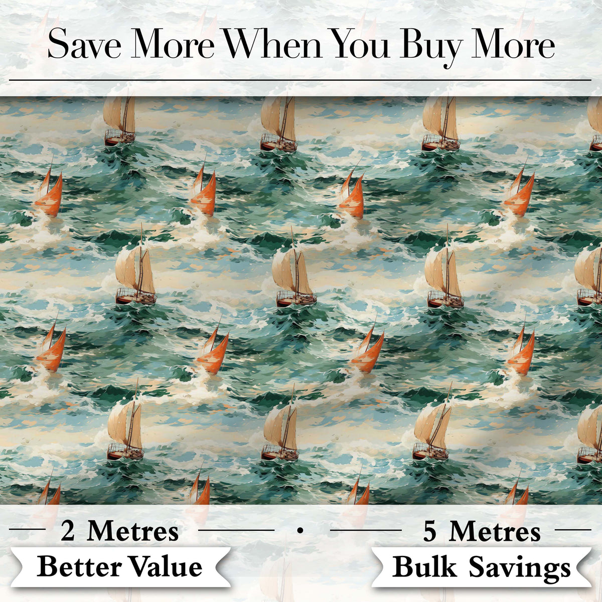 Classic Sailing Boats Rough Sea Seamless Pattern Artistic Ocean Waves Digital Print Fabric by the Metre UK Sewing Quilting Textile