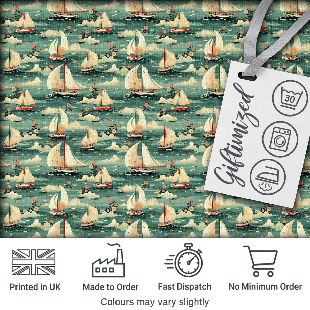 Charming Sailboats Floral Sea Seamless Pattern Whimsical Coastal Design Digital Print Fabric by the Metre UK Sewing Quilting Textile