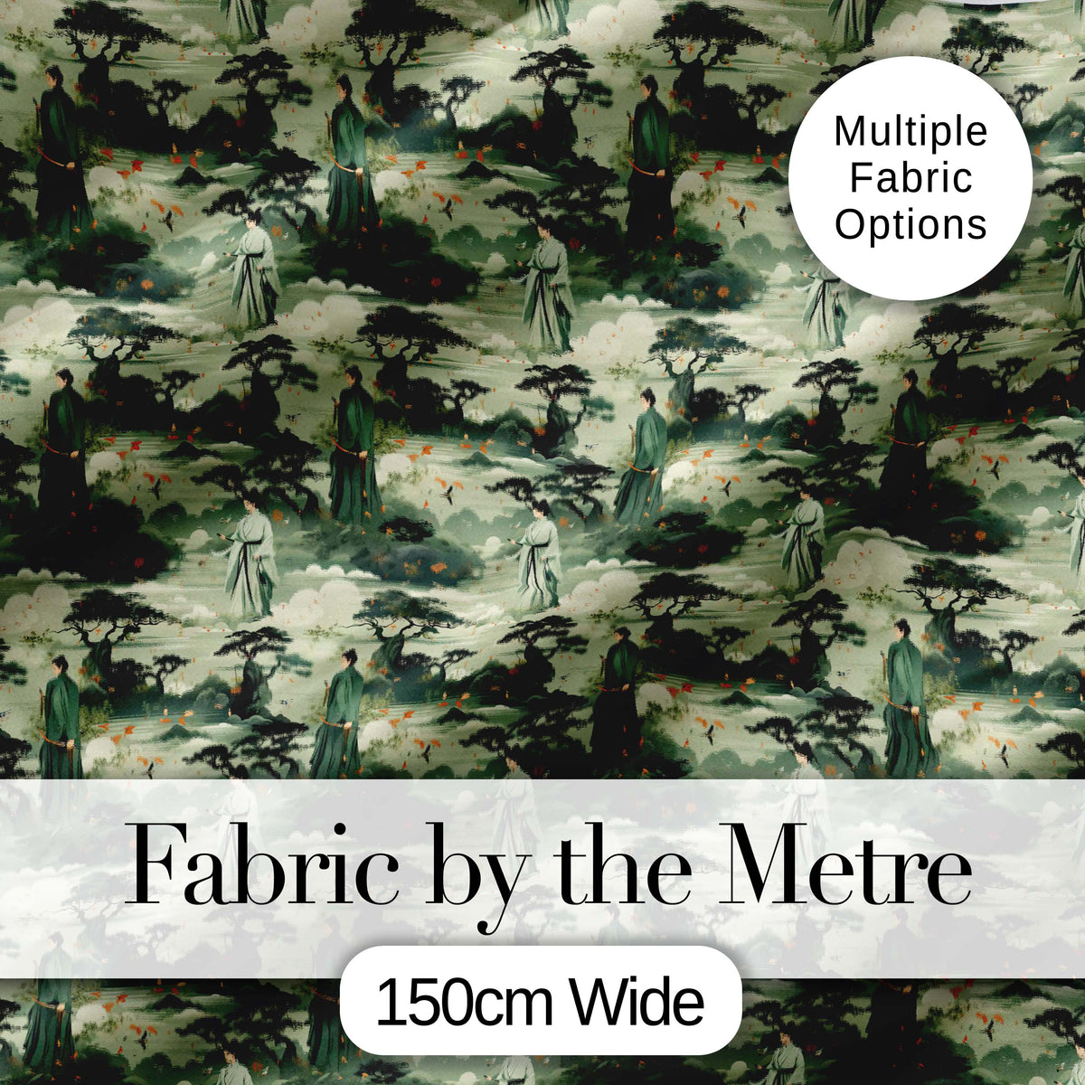 Traditional Asian Landscape Figures Seamless Pattern Elegant Nature Scene Digital Print Fabric by the Metre UK Sewing Quilting Textile