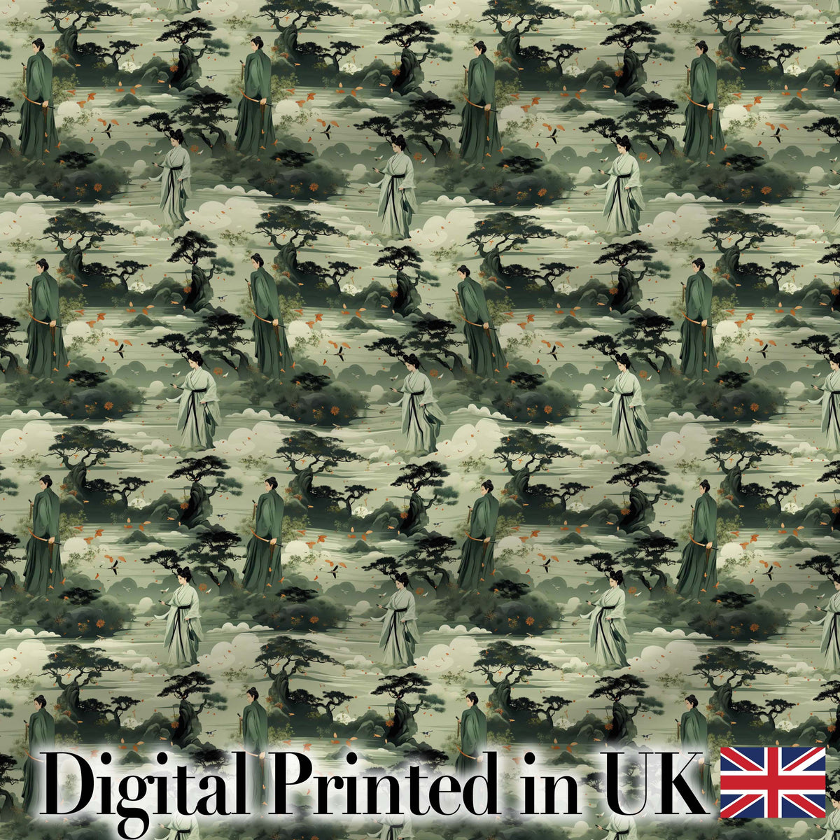 Traditional Asian Landscape Figures Seamless Pattern Elegant Nature Scene Digital Print Fabric by the Metre UK Sewing Quilting Textile