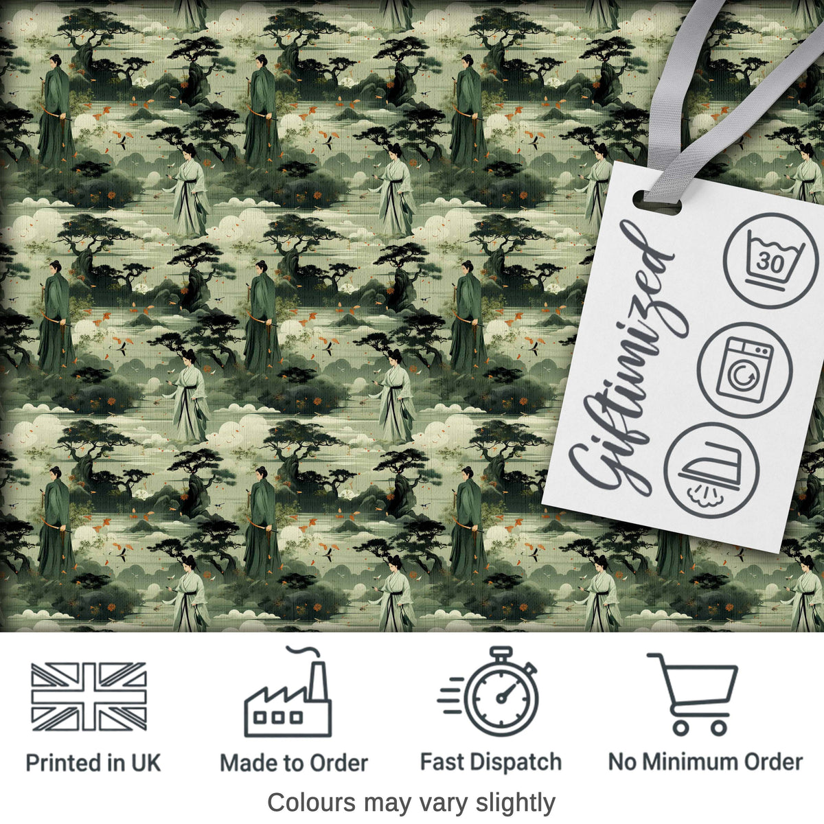 Traditional Asian Landscape Figures Seamless Pattern Elegant Nature Scene Digital Print Fabric by the Metre UK Sewing Quilting Textile