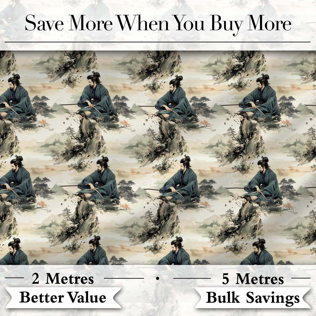 Serene Samurai Warrior Mountain Scene Seamless Pattern Japanese Art Digital Print Fabric by the Metre UK Sewing Quilting Textile