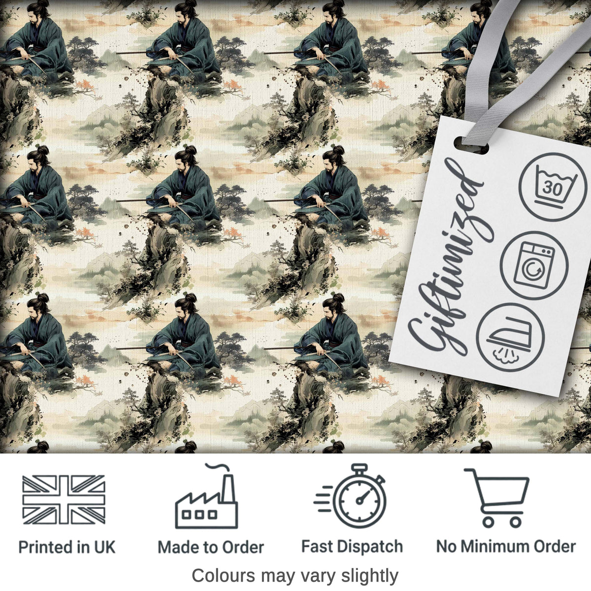 Serene Samurai Warrior Mountain Scene Seamless Pattern Japanese Art Digital Print Fabric by the Metre UK Sewing Quilting Textile