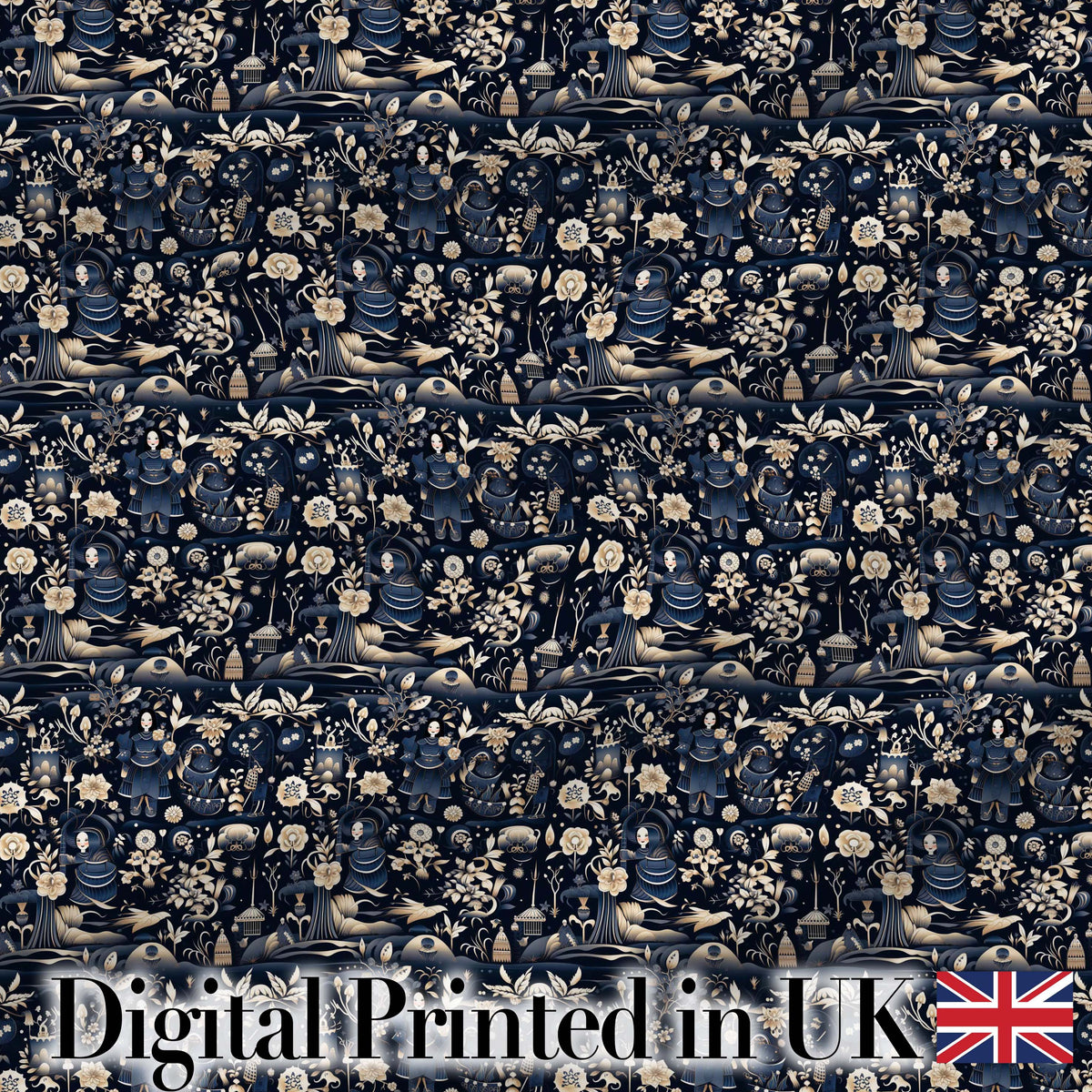 Elegant Midnight Floral Doll Garden Seamless Pattern Dark Blue Botanical Digital Print Fabric by the Metre UK Sewing Quilting Textile