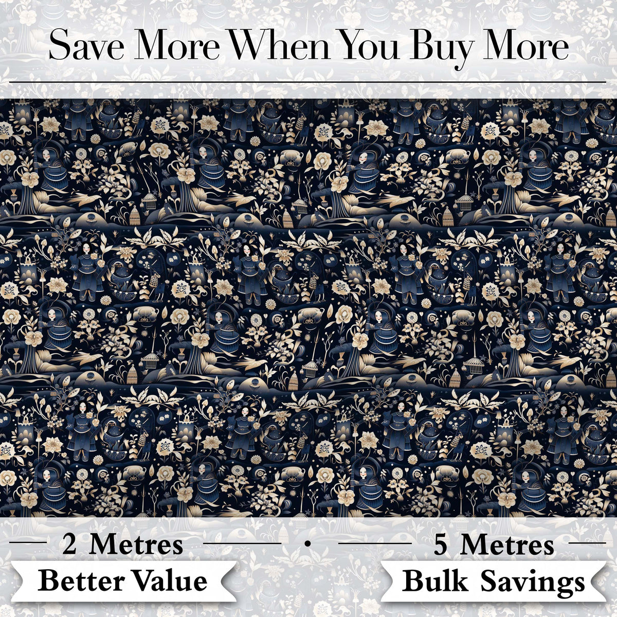 Elegant Midnight Floral Doll Garden Seamless Pattern Dark Blue Botanical Digital Print Fabric by the Metre UK Sewing Quilting Textile