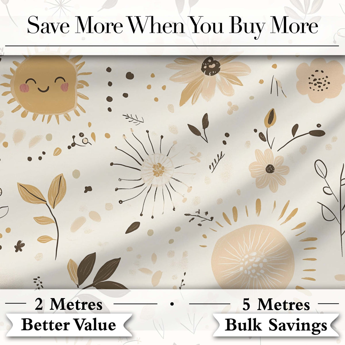 Boho Sun Flowers Abstract Leaves Seamless Pattern Neutral Tones Digital Print Fabric by the Metre UK Sewing Quilting Textile