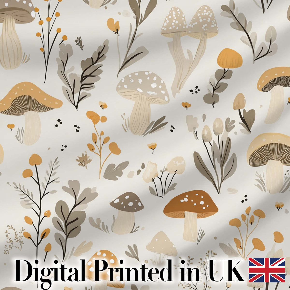 Neutral Mushroom Botanical Woodland Seamless Pattern Soft Earth Tones Digital Print Fabric by the Metre UK Sewing Quilting Textile