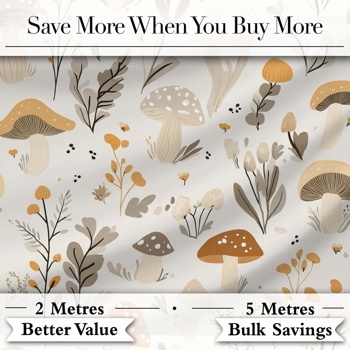 Neutral Mushroom Botanical Woodland Seamless Pattern Soft Earth Tones Digital Print Fabric by the Metre UK Sewing Quilting Textile