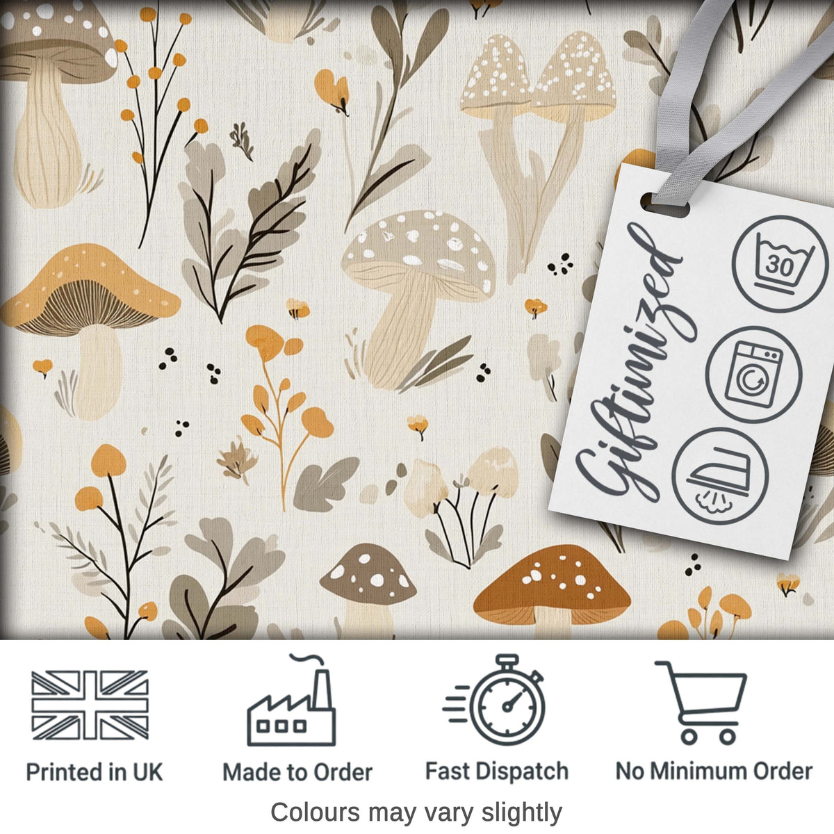 Neutral Mushroom Botanical Woodland Seamless Pattern Soft Earth Tones Digital Print Fabric by the Metre UK Sewing Quilting Textile