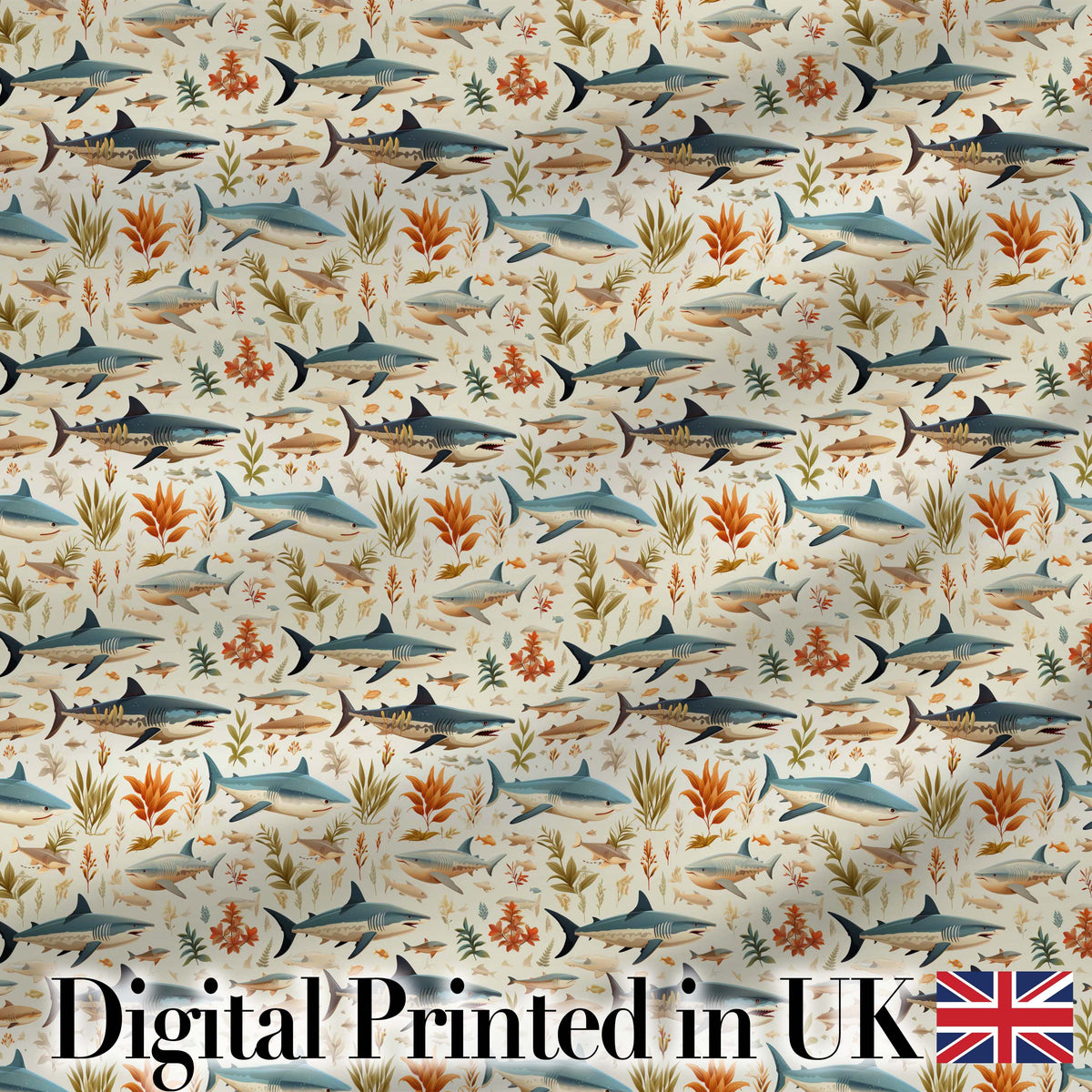 Ocean Sharks Coral Reef Seamless Pattern Soft Beige Background Marine Life Digital Print Fabric by the Metre UK Sewing Quilting Textile
