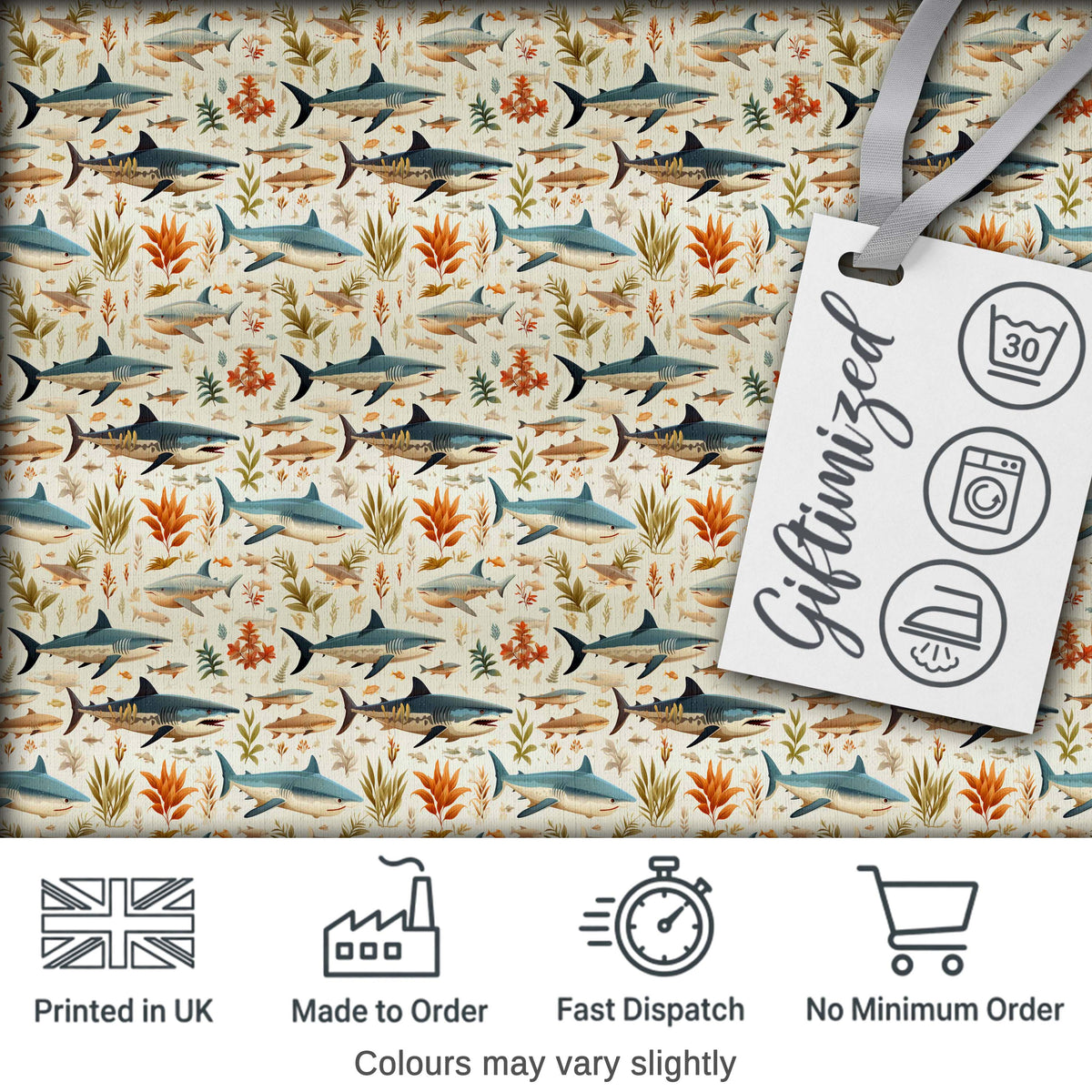 Ocean Sharks Coral Reef Seamless Pattern Soft Beige Background Marine Life Digital Print Fabric by the Metre UK Sewing Quilting Textile