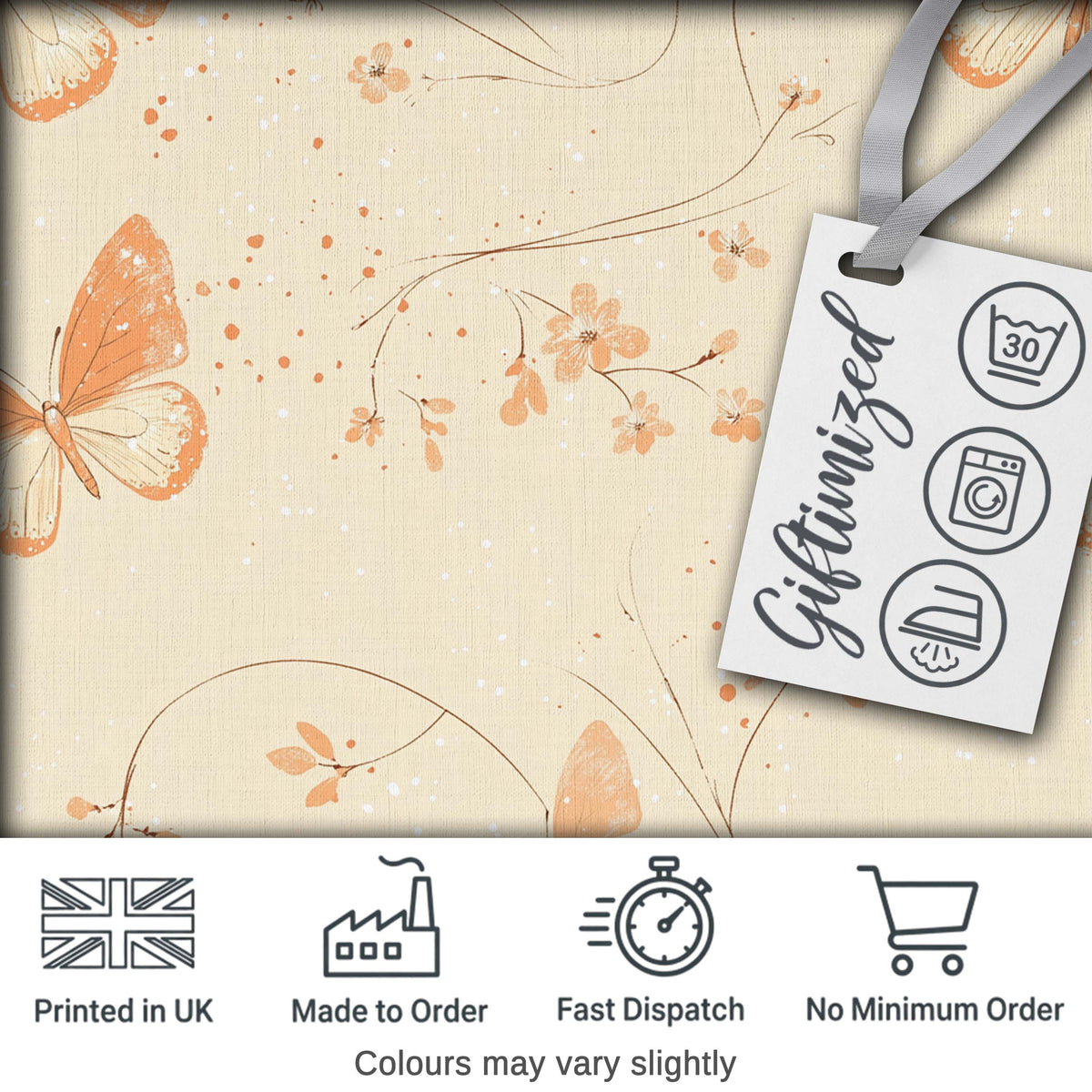 Peach Butterflies Floral Branches Seamless Pattern Soft Beige Background Digital Print Fabric by the Metre UK Sewing Quilting Textile