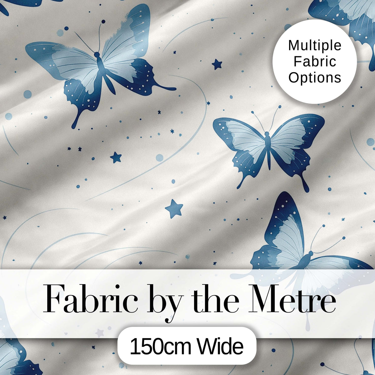 Blue Butterflies Stars Night Sky Seamless Pattern Light Background Digital Print Fabric by the Metre UK Sewing Quilting Textile
