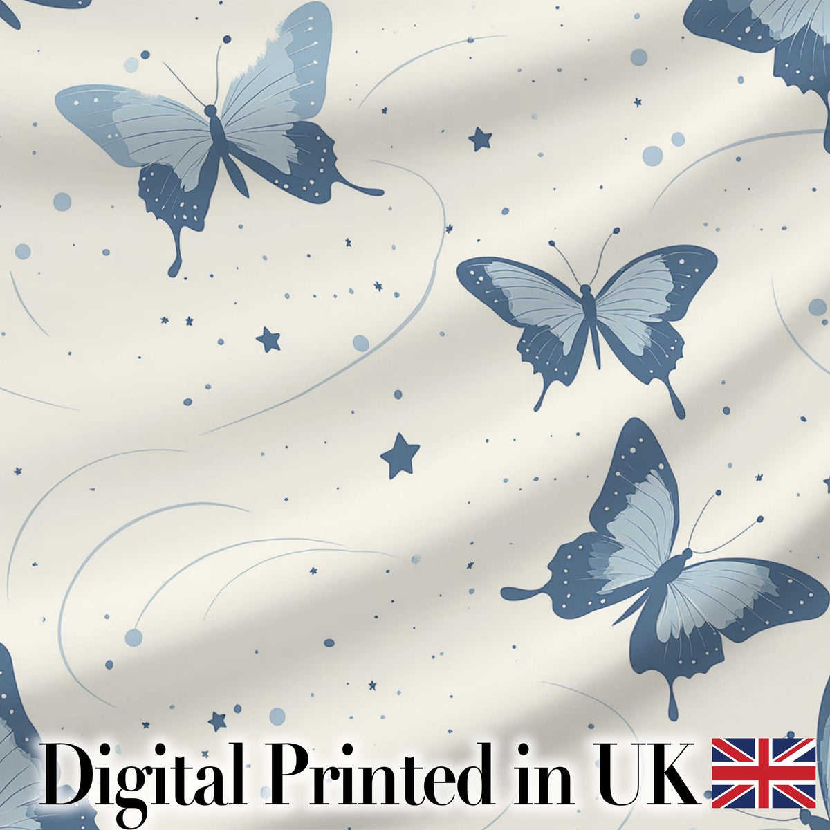 Blue Butterflies Stars Night Sky Seamless Pattern Light Background Digital Print Fabric by the Metre UK Sewing Quilting Textile