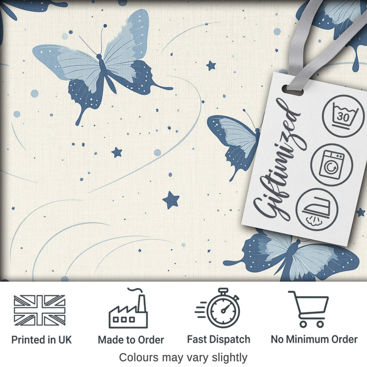 Blue Butterflies Stars Night Sky Seamless Pattern Light Background Digital Print Fabric by the Metre UK Sewing Quilting Textile