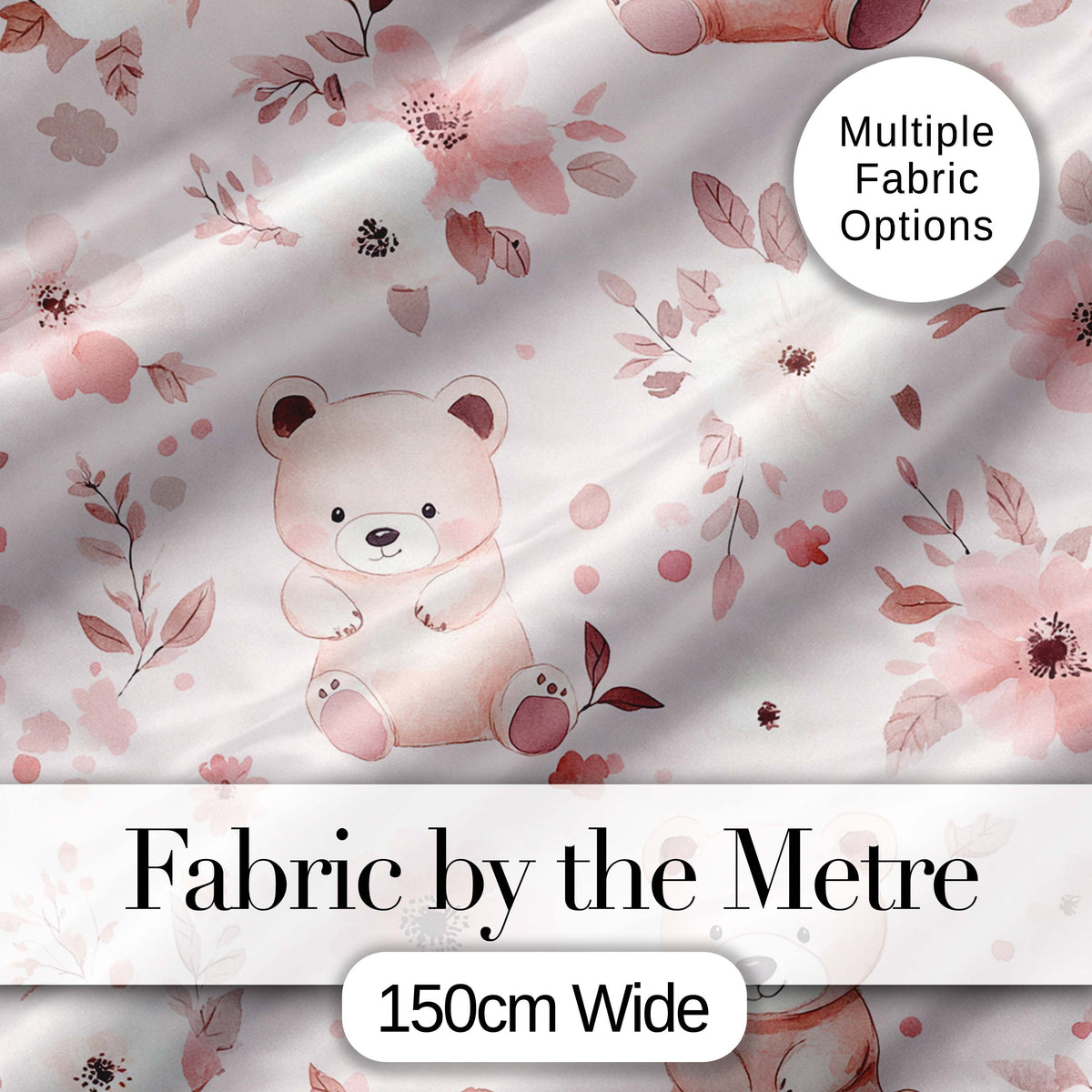 Cute Teddy Bear Pink Floral Seamless Pattern Baby Nursery Design Digital Print Fabric by the Metre UK Sewing Quilting Textile