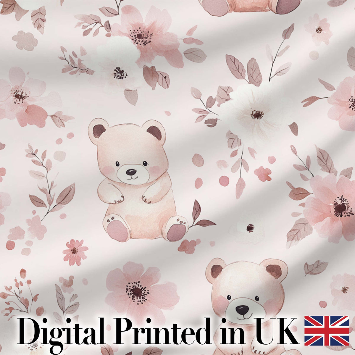 Cute Teddy Bear Pink Floral Seamless Pattern Baby Nursery Design Digital Print Fabric by the Metre UK Sewing Quilting Textile