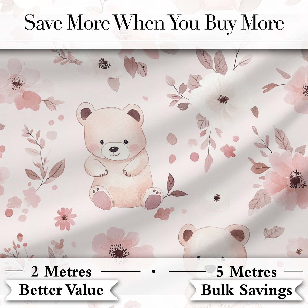 Cute Teddy Bear Pink Floral Seamless Pattern Baby Nursery Design Digital Print Fabric by the Metre UK Sewing Quilting Textile