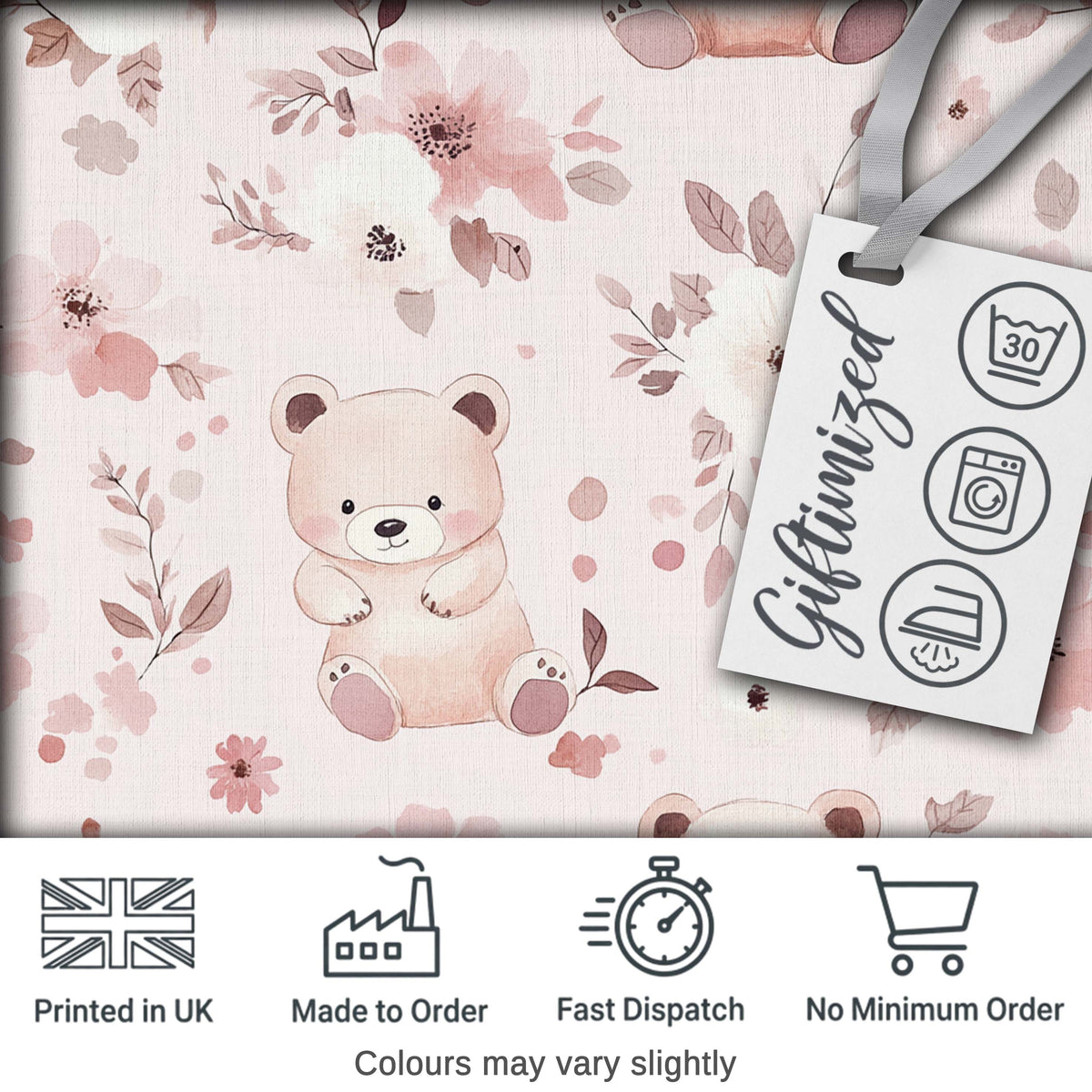 Cute Teddy Bear Pink Floral Seamless Pattern Baby Nursery Design Digital Print Fabric by the Metre UK Sewing Quilting Textile