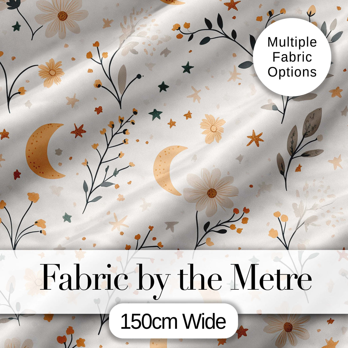 Moon Stars Floral Botanical Seamless Pattern Neutral Background Dreamy Theme Digital Print Fabric by the Metre UK Sewing Quilting Textile
