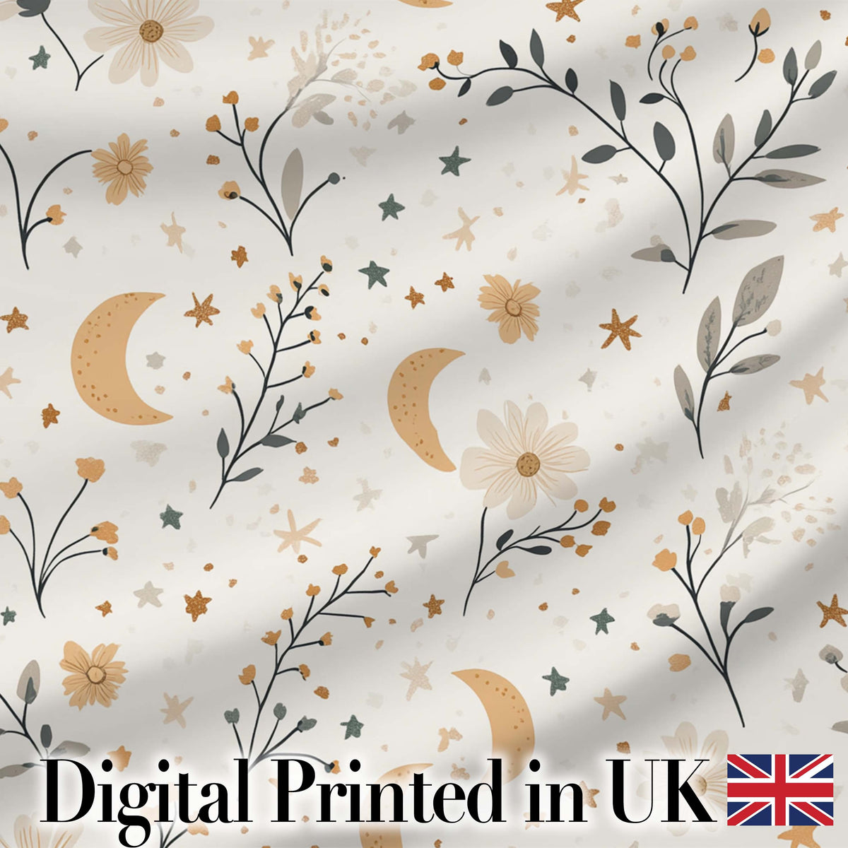 Moon Stars Floral Botanical Seamless Pattern Neutral Background Dreamy Theme Digital Print Fabric by the Metre UK Sewing Quilting Textile
