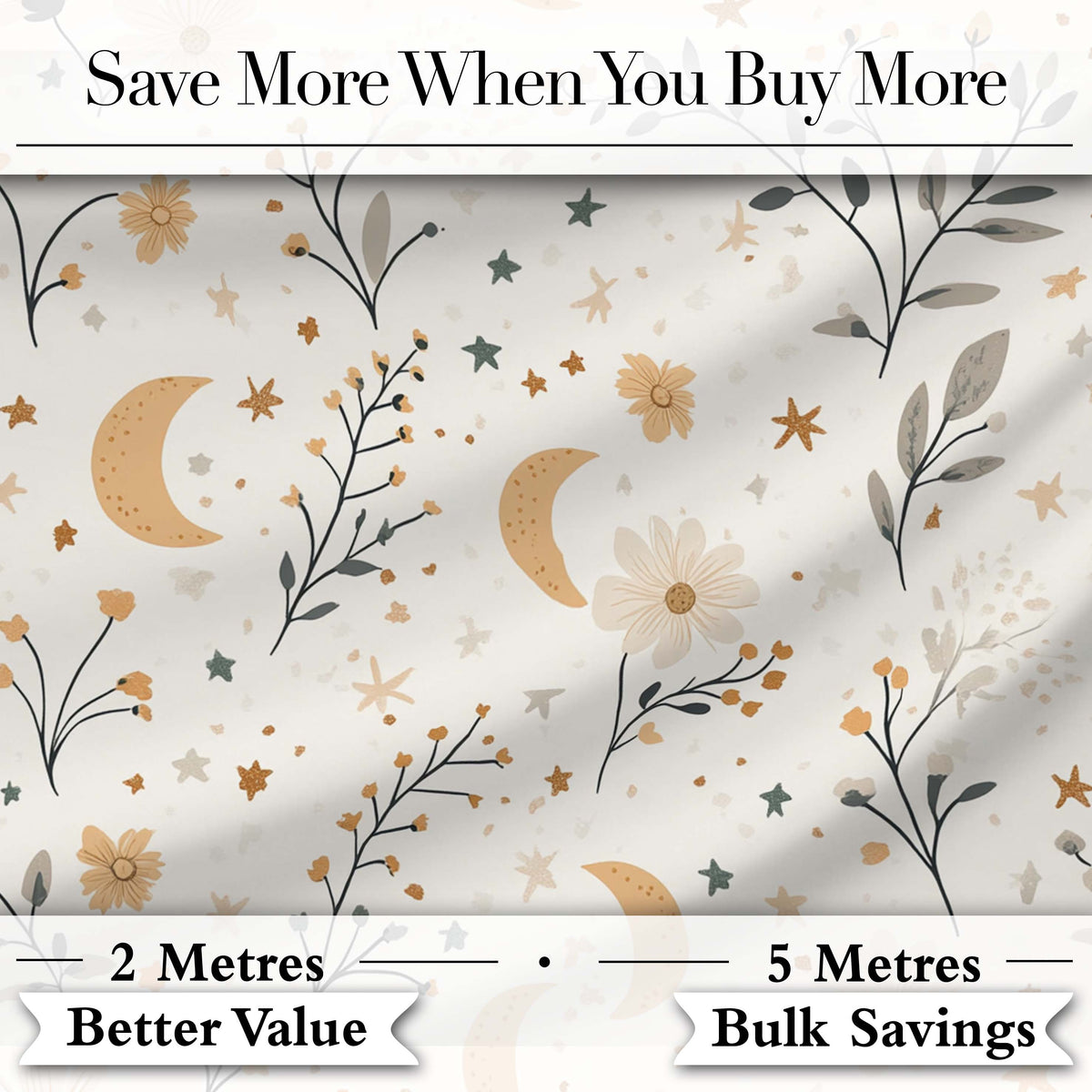 Moon Stars Floral Botanical Seamless Pattern Neutral Background Dreamy Theme Digital Print Fabric by the Metre UK Sewing Quilting Textile